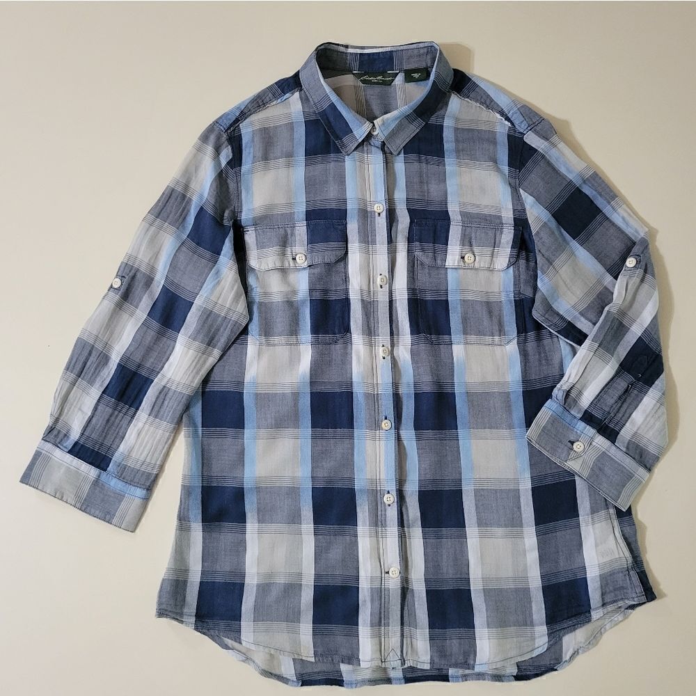 Eddie Bauer Women's Blue Plaid Cotton Rayon Button-Down Elbow-length Sleeve